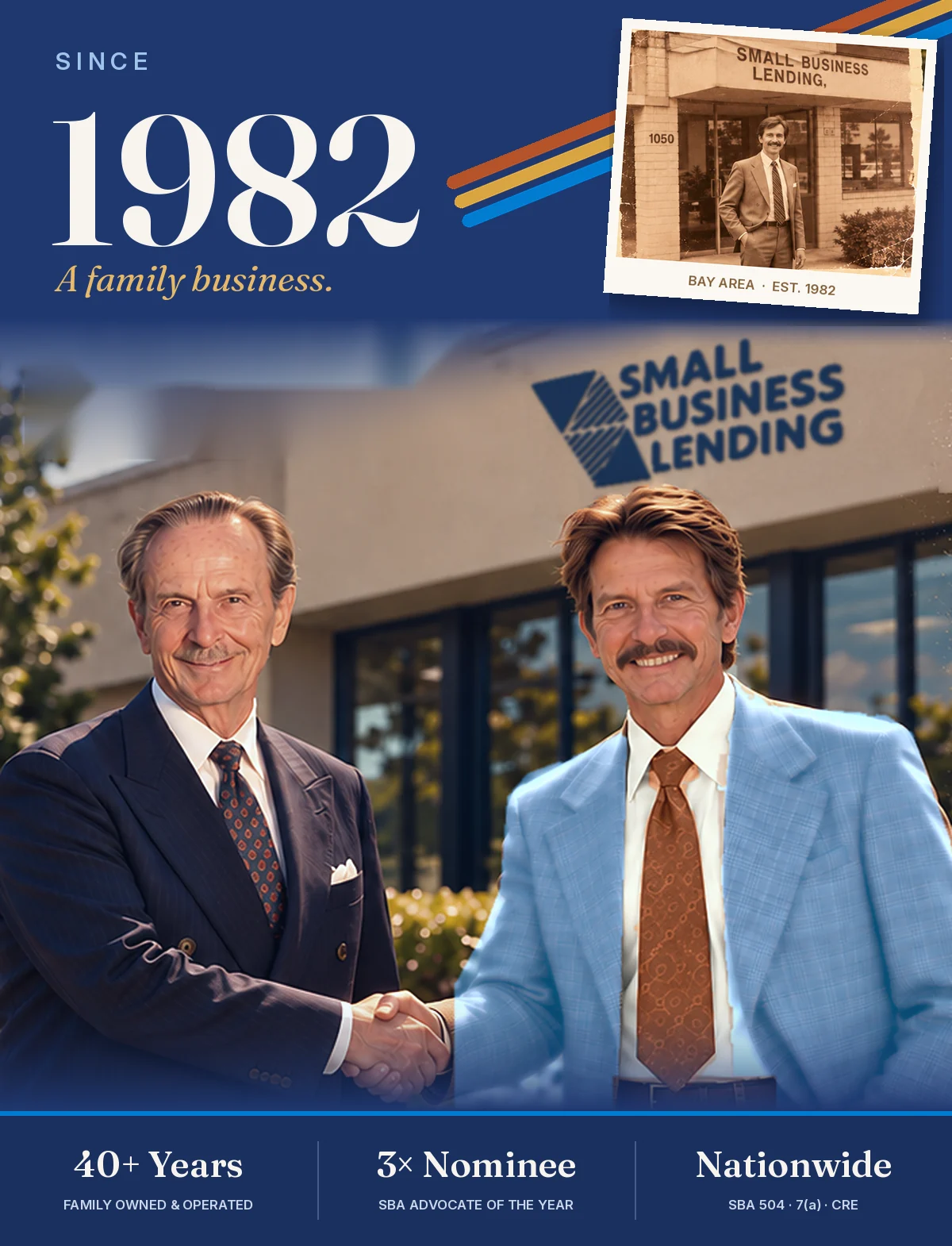 Small Business Lending, Inc. since 1982: Wayne Evans and Brian Evans shaking hands outside the company office, with a photo of the original Bay Area office